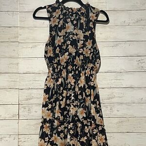 Elegant Floral Midi Dress - Navy Blue and Cream